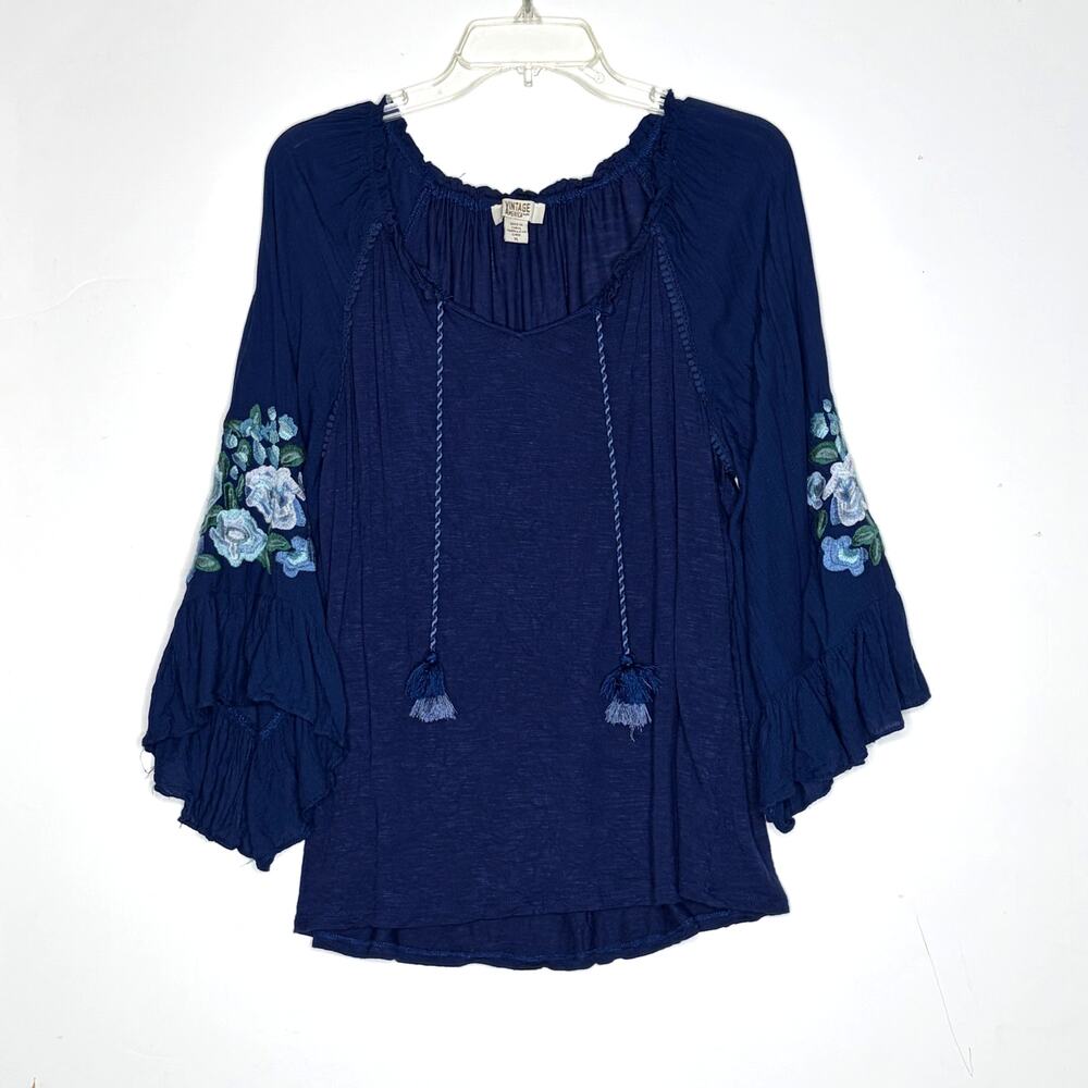 Vintage America Women's Navy Blue Floral Embroidered Top XL